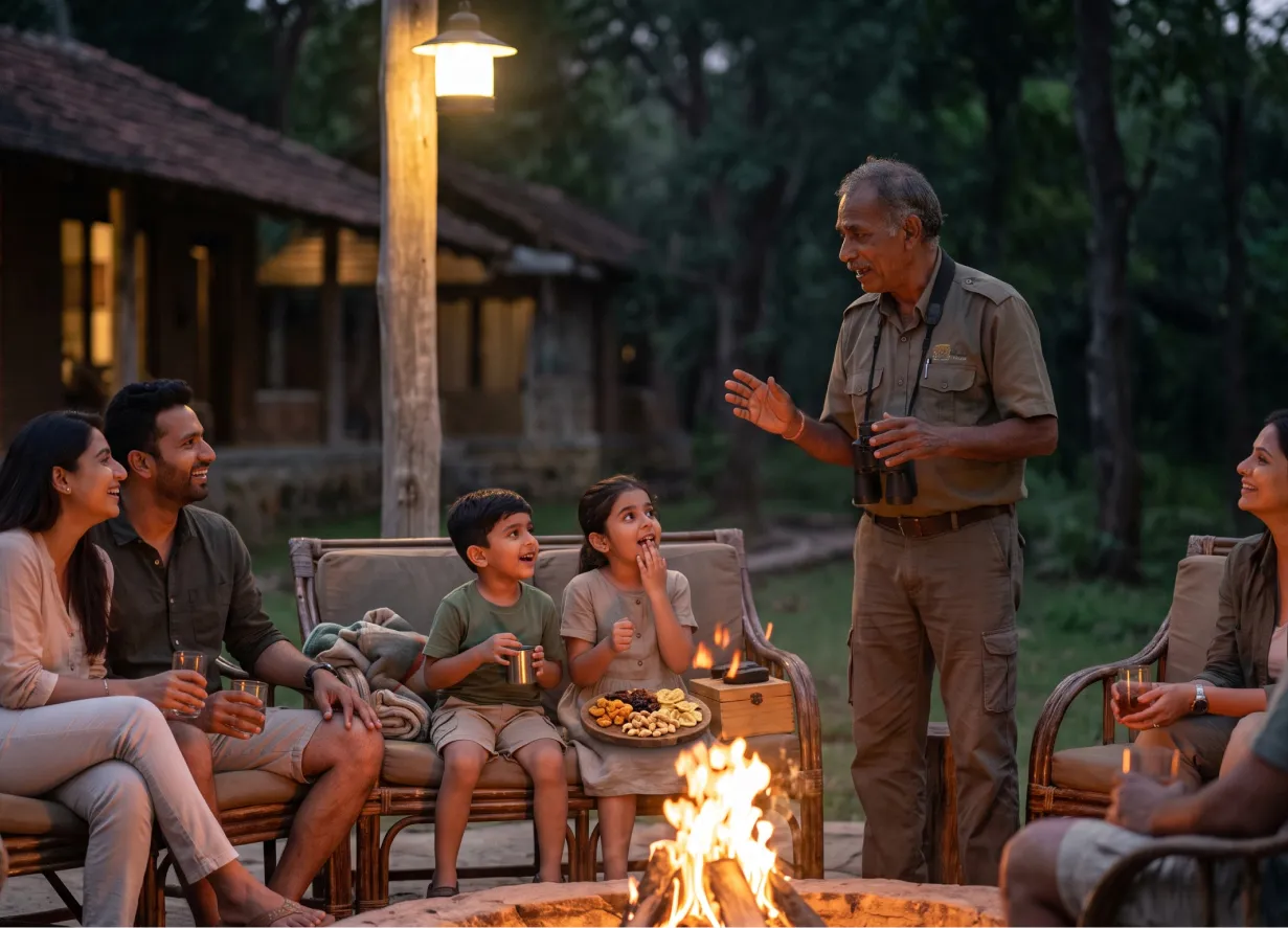 Family by a campfire at a farmstay