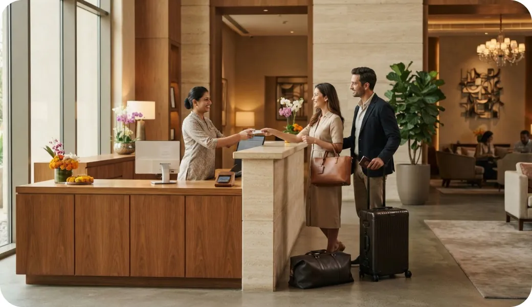 Hotel front desk welcoming guests
