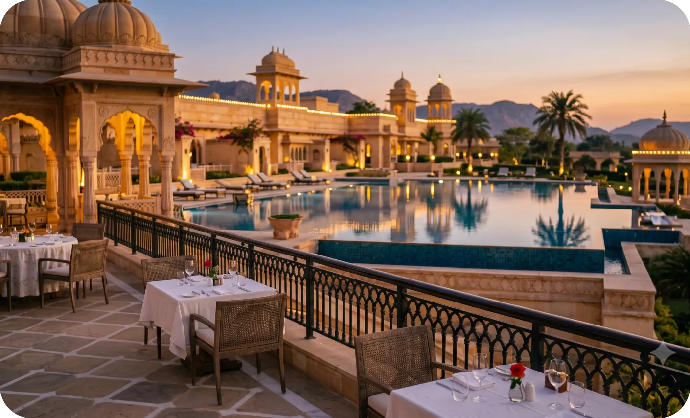 Heritage palace hotel with a pool at dusk