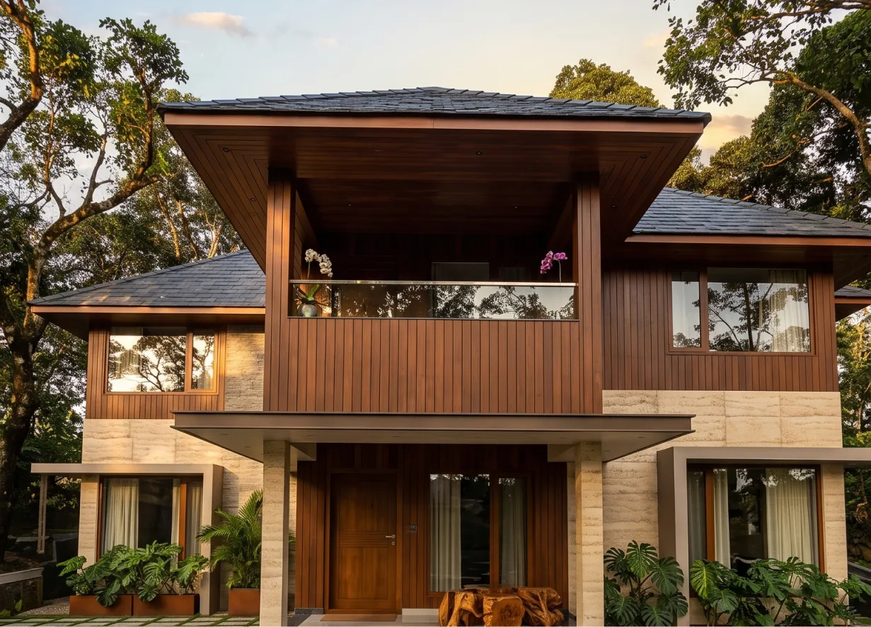 Modern wooden villa in the forest
